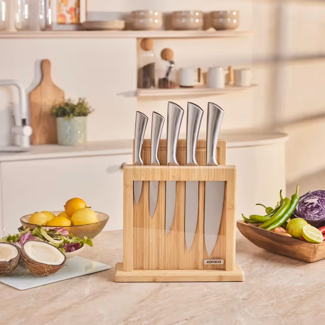 ست چاقوی 7 پارچه Karaca ترکیه مدل سامورای ناگویای ویگور از فولاد ژاپنی به همراه تخته برش