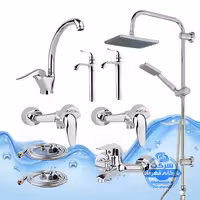 ست 9 عددی شیرآلات برند آیدا صنعت مدل قهرمان اردکی | شیر ظرفشویی   دو عدد روشویی بلند   حمام   دو عدد توالت   علم دوش یونیورست رسوب‌گیر اتومات   دو عدد شلنگ توالت | کروم براق