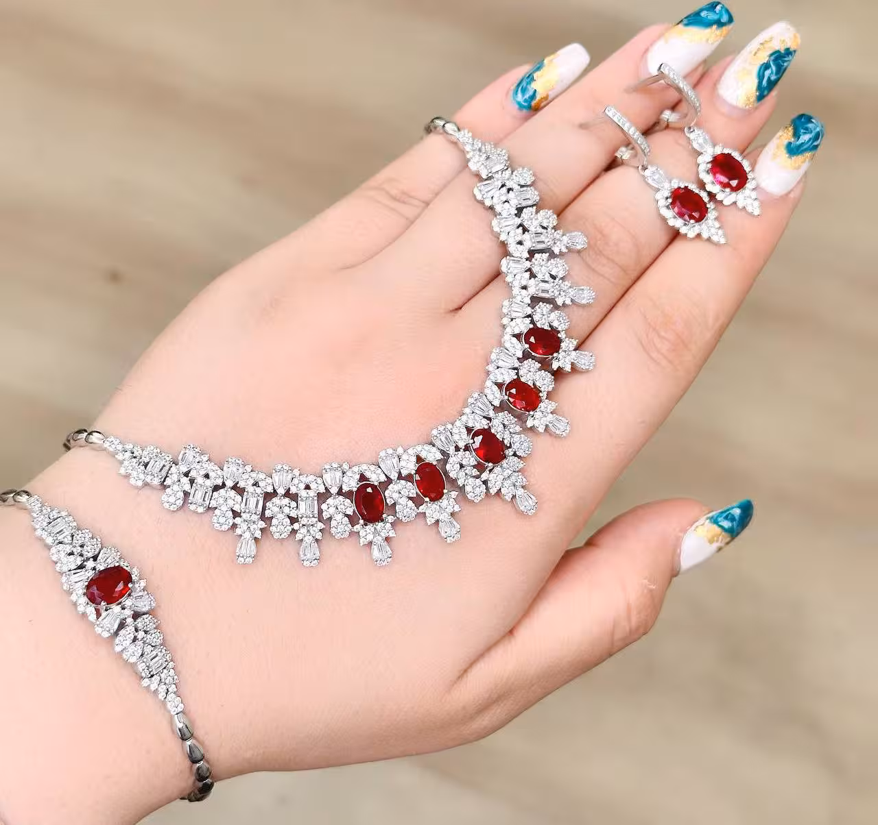 سرویس نقره یاقوت سرخ جواهری زنانه کد 60279