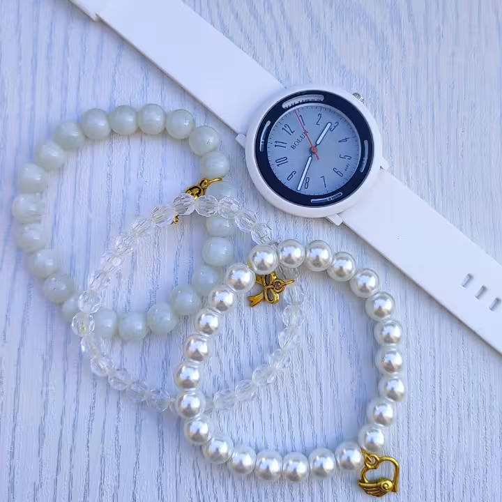 ست ساعت و دستبند دخترانه مهره ای سفید