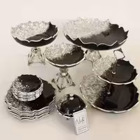 ظروف پذیرایی 6نفره زینی  مشکی نقره ای شیک (رزینی)با تکه های ورق نقره