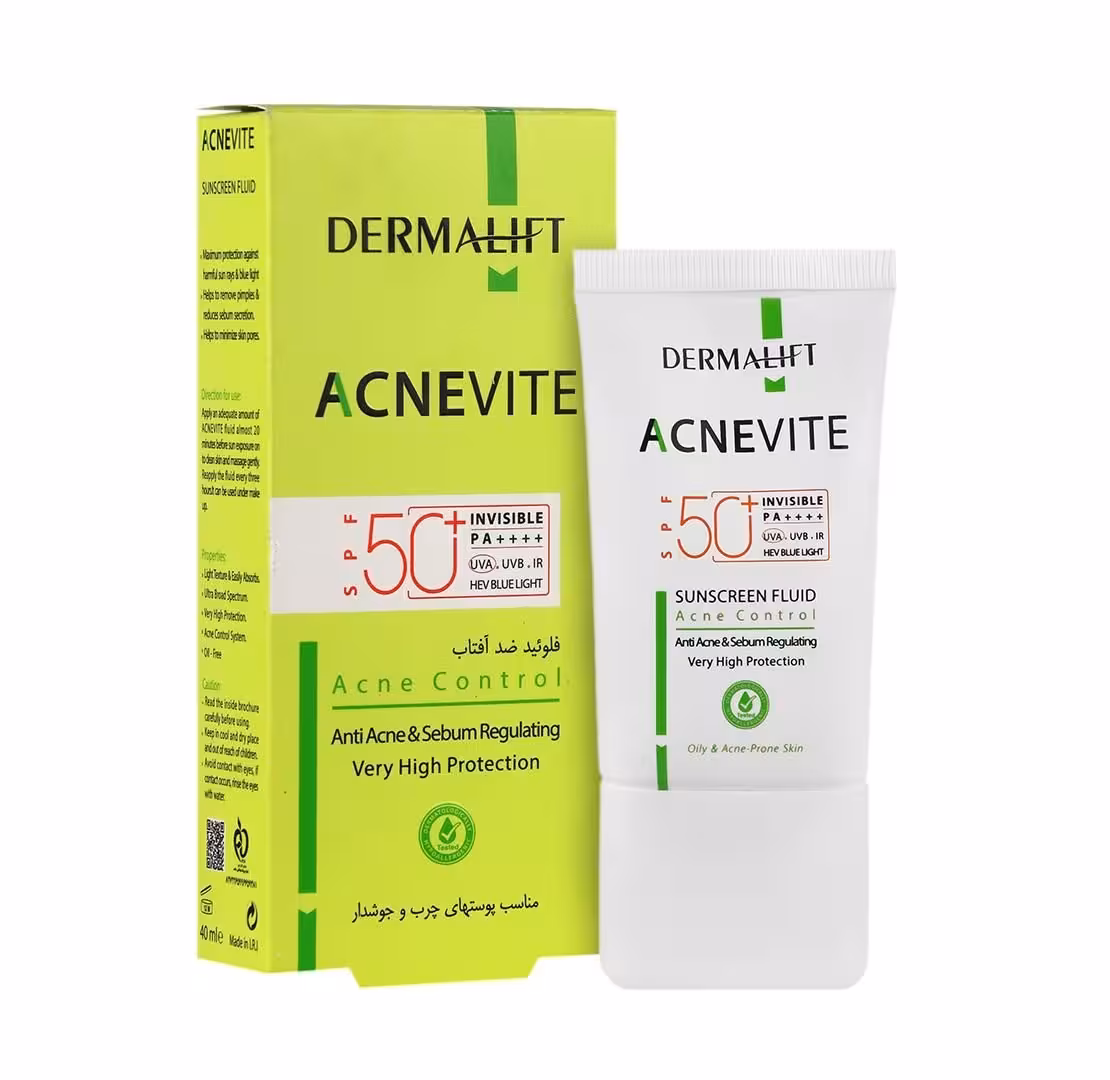 ضد آفتاب فلوئید  SPF50 بی رنگ مناسب پوست چرب آکنویت درمالیفت 40ml