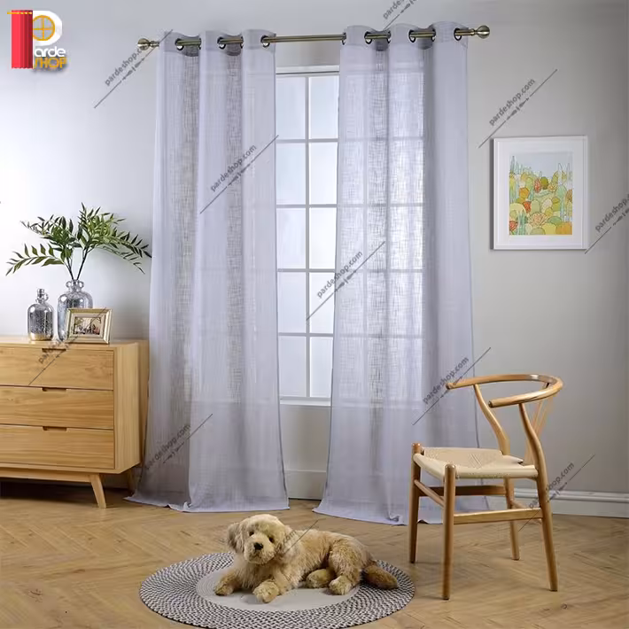 پرده آماده پانچی تور کتان رنگ طوسی‌روشن ارتفاع 280 سانتی متر