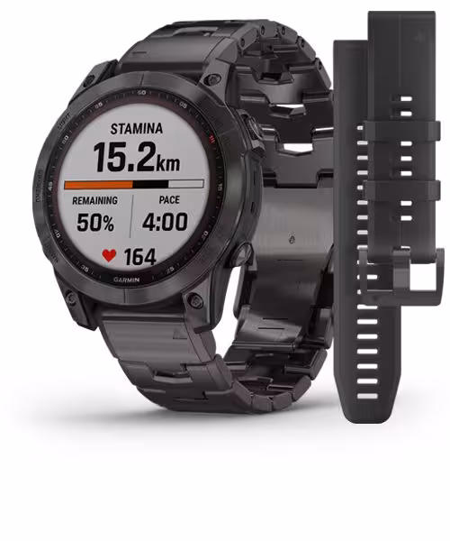 ساعت هوشمند گارمین مدل Fenix7 Sapphire Solar Carbon Grey DLC Titanium with Carbon Grey DLC Vented Titanium Band