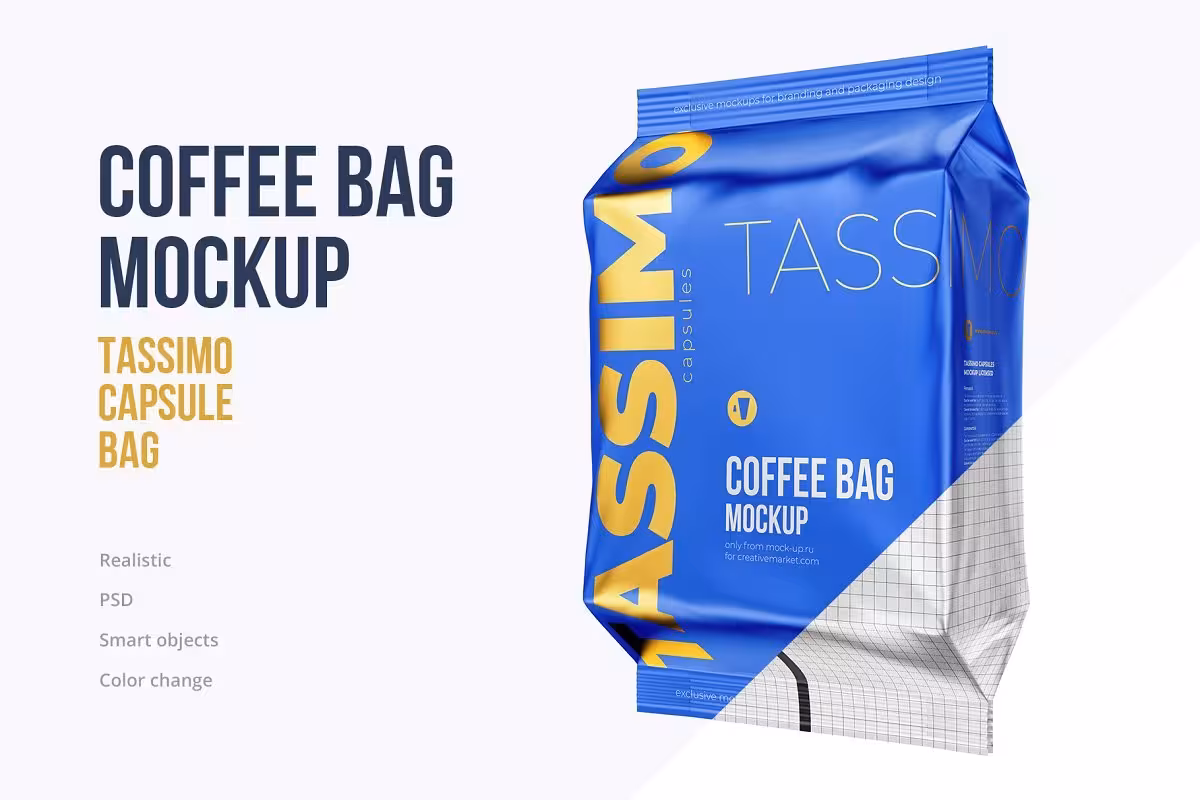 دانلود Coffee Bag mockup. Tassimo – ماک آپ پاکت قهوه