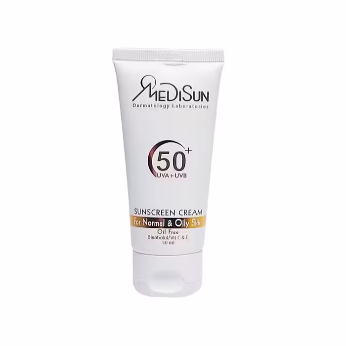 کرم ضد آفتاب بی رنگ مدیسان برای پوست معمولی و چرب با SPF50 سایز 50 میل
