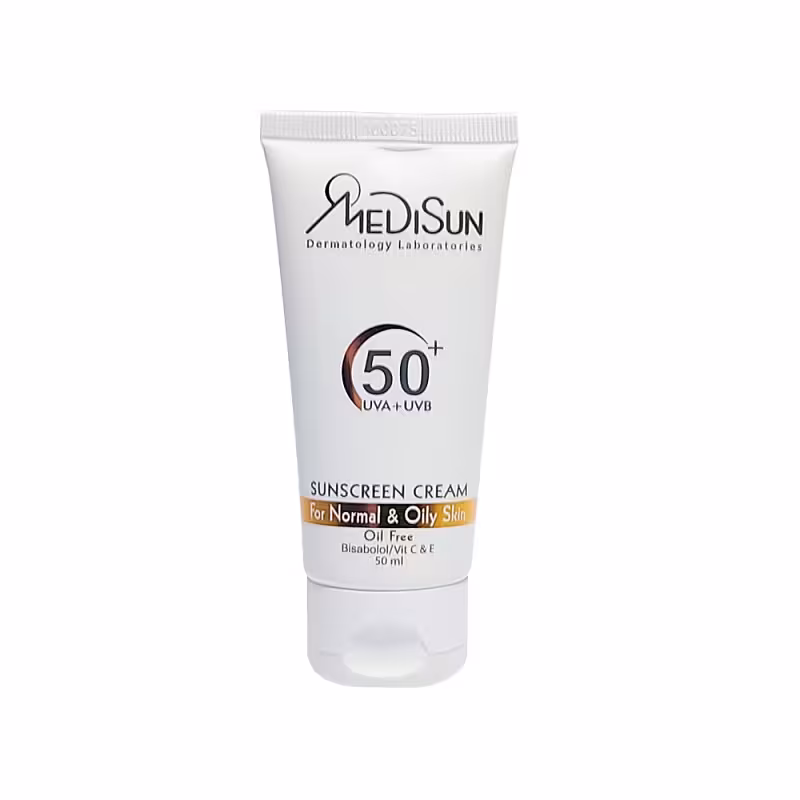 کرم ضد آفتاب بی رنگ مدیسان برای پوست معمولی و چرب با SPF50 سایز 50 میل