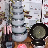 سرویس قابلمه گرانیتی 21 پارچه با درب پیرکس و سرویس کفگیر ملاقه