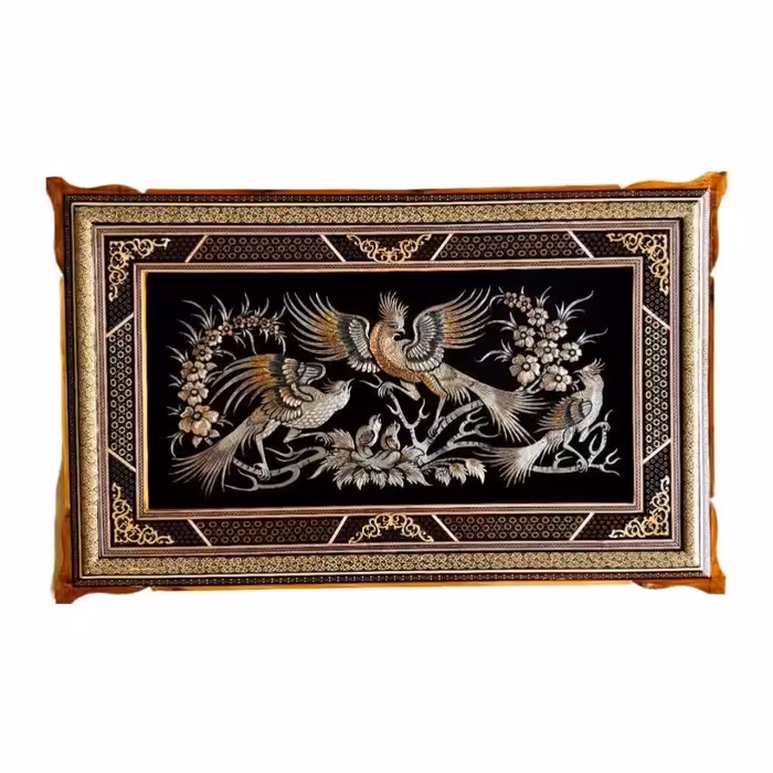 تابلو قلم زنی 50در80 اثر استاد جعفری با قاب خاتم کاری اعلا