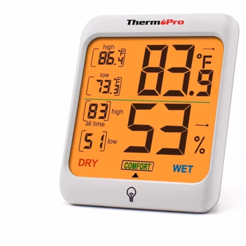 ترمومتر دیجیتال ThermoPro TP53 | اندازه‌گیری دما و رطوبت محیط داخلی | مجهز به صفحه نمایش بزرگ LCD | نمایش سریع و دقیق شرایط محیطی | ابزار حرفه‌ای برای خانه، دفتر و محیط‌های آموزشی