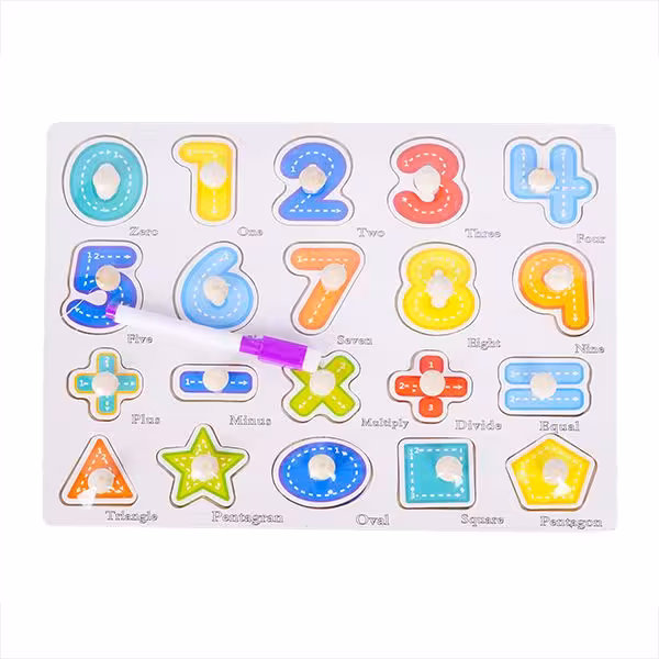 پازل چوبی پین دار وایت بردی اعداد و اشکال هندسی