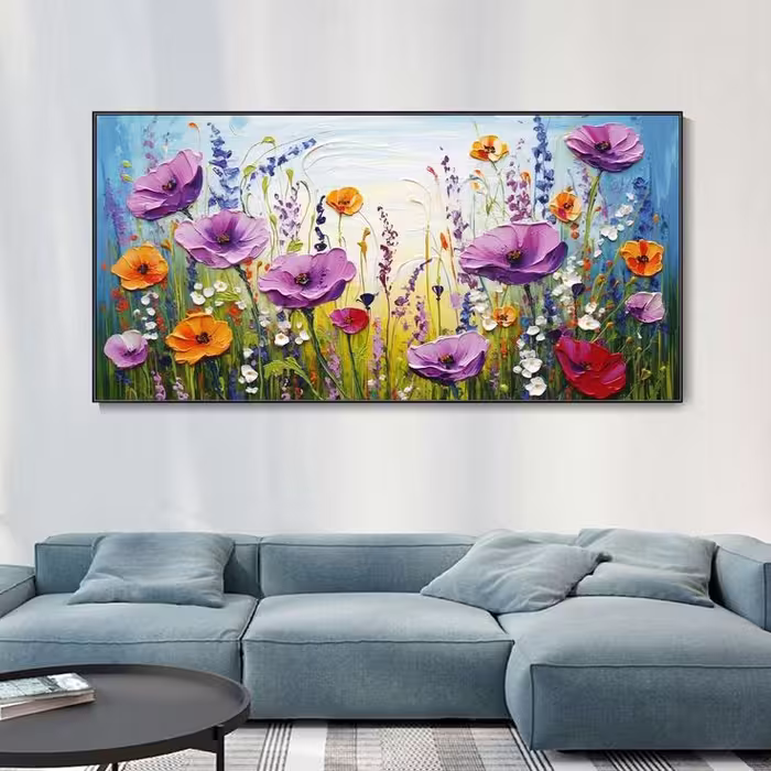 تابلو دکوراتیو نقش برجسته باغ گل هنر دست سایز 150*80 کد 2020 همراه با قاب