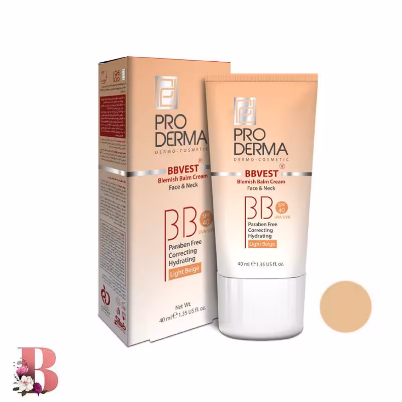 کرم پوشاننده و مرطوب کننده صورت پرودرما مدل BBVEST حجم 40 میلی لیتر | PRO DERMA BBVEST FACE & NECK LIGHT BEIGE CREAM 40 ML