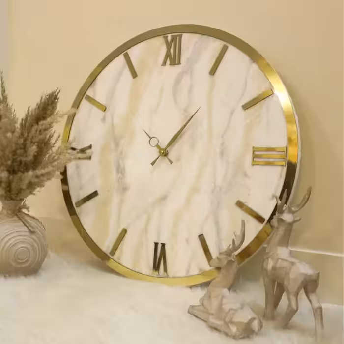 ساعت قطر60 رزینی طرح سنگ مرمر کرم طلایی شیک دور رینگ دار