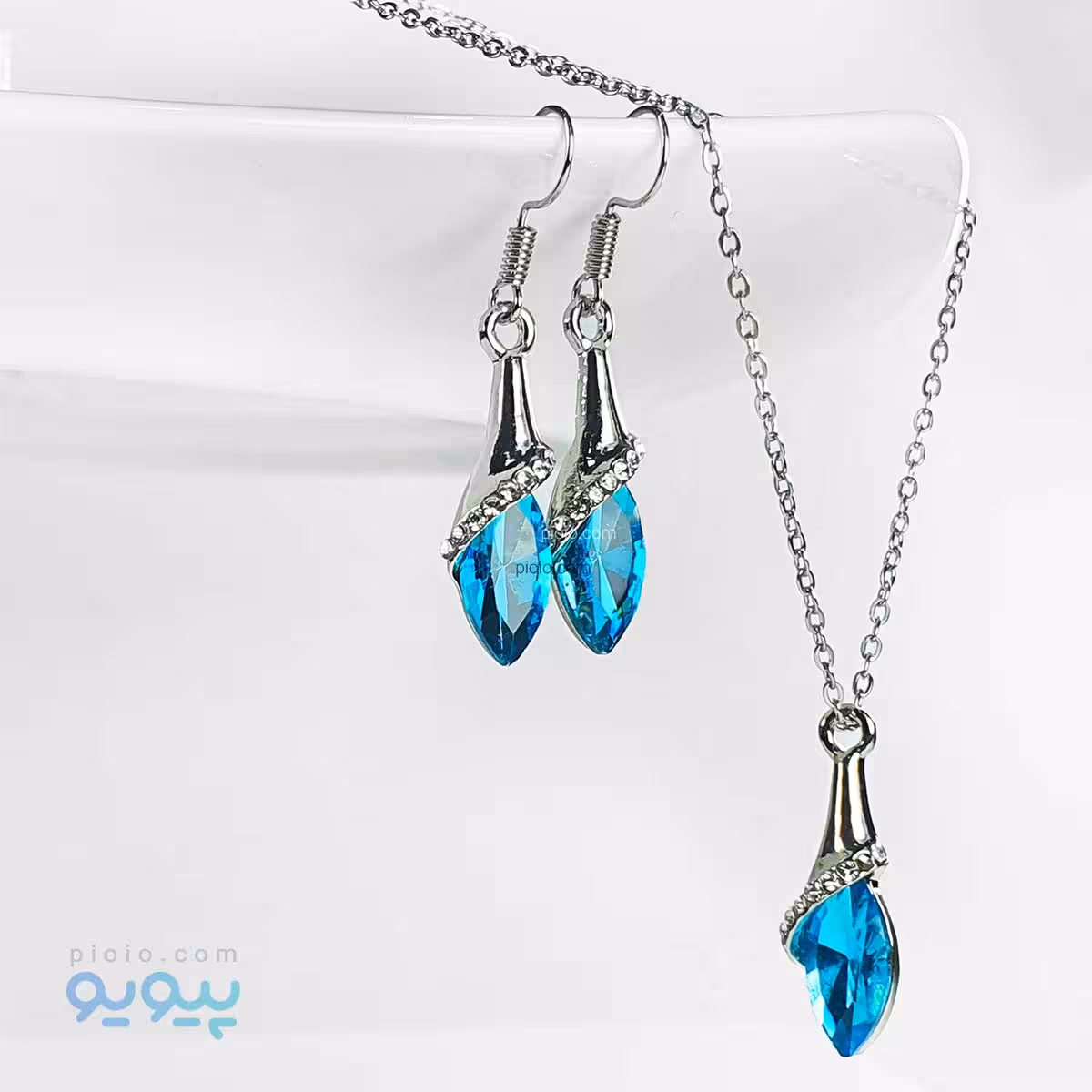 نیم ست گردنبند و گوشواره نگین اشکی آبی