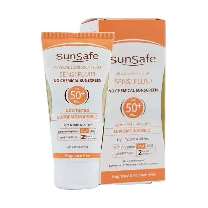 فلوئید ضد آفتاب SPF50  فیزیکال سان سیف مناسب پوست ‌های حساس 50 میلی لیتر Sunsafe Sensi SPF50  Fluid No Chemical Sunscreen 50 ml