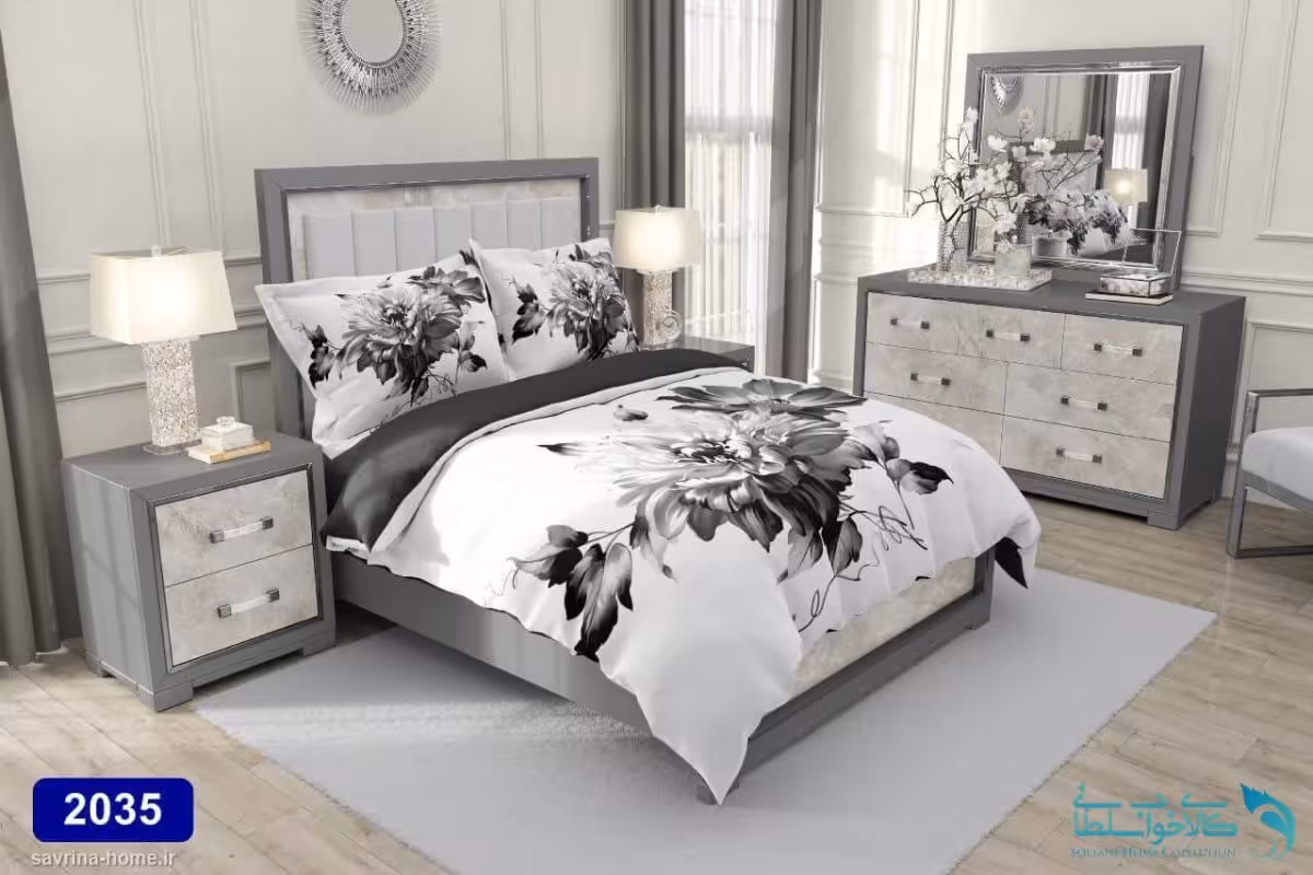 سرویس لحاف سه بعدی طرح رز سیاه و سفید کد 2035 دونفره 6 تکه