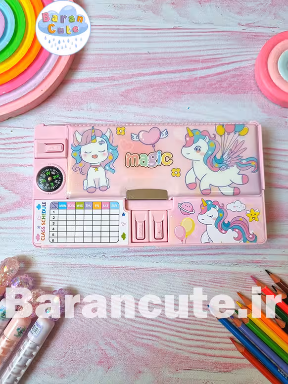 جامدادی کتابی مگنتی کشو دار به همراه وایت برد و قطب نما طرح یونیکورن