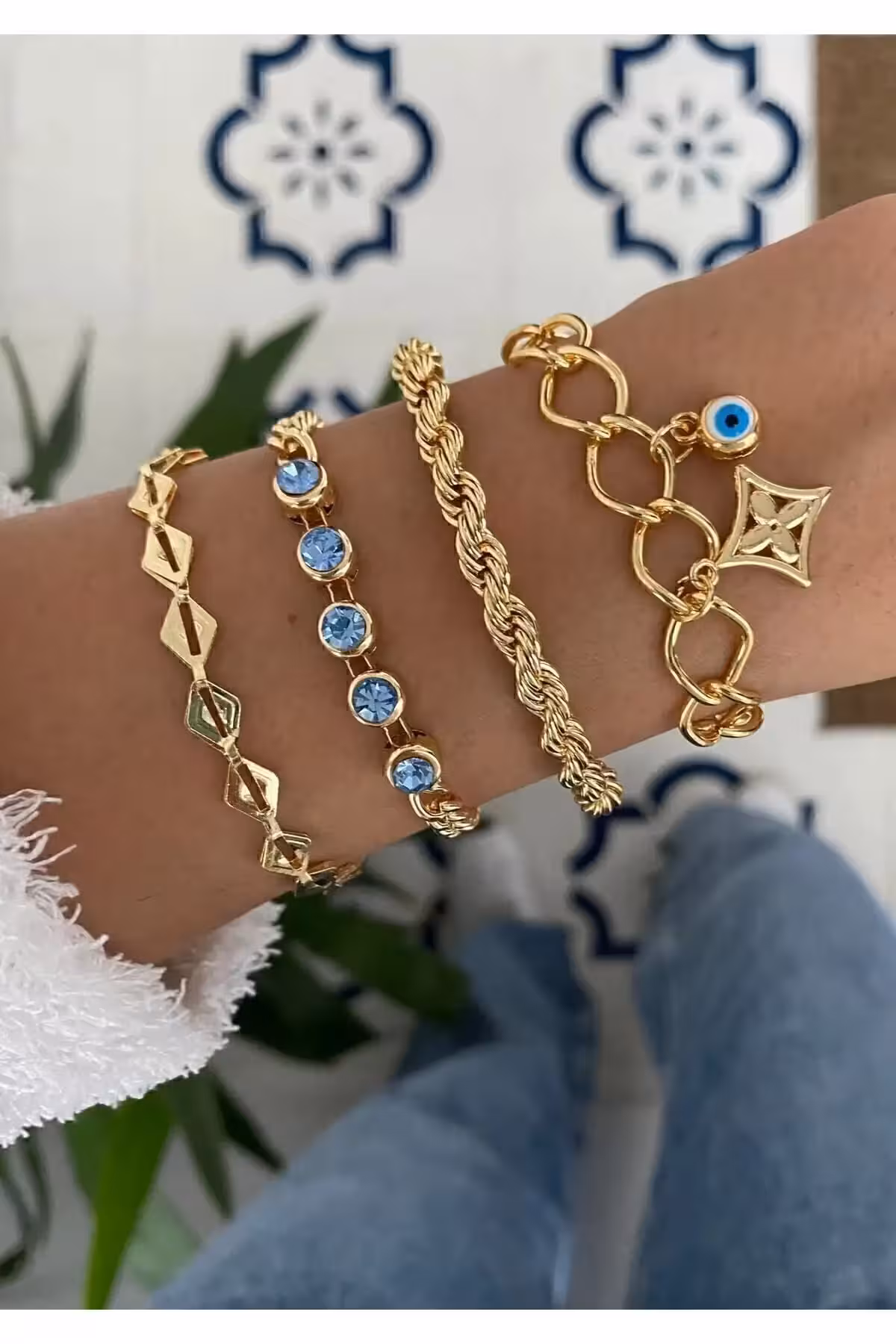 دستبند ترکیبی چهارتایی سنگ فیروزه - 2036