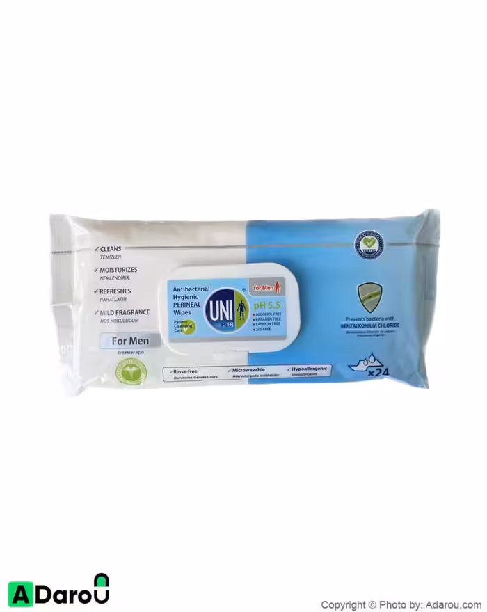 دستمال مرطوب پاک‌کننده بهداشتی آقایان پاکتی درب‌دار ناحیه پرینال 24 برگی یونی‌مد Uni Med