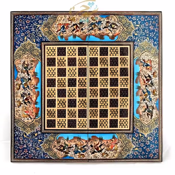 تخته نرد و شطرنج خاتم کاری با نقاشی چوگان و حاشیه تذهیب