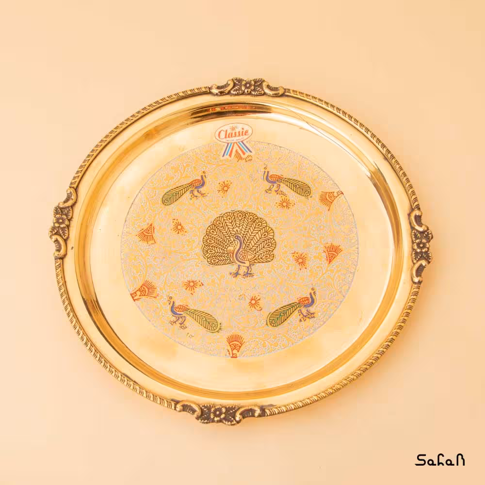 سینی برنجی هندی طلایی طرح طاووس سایز 1