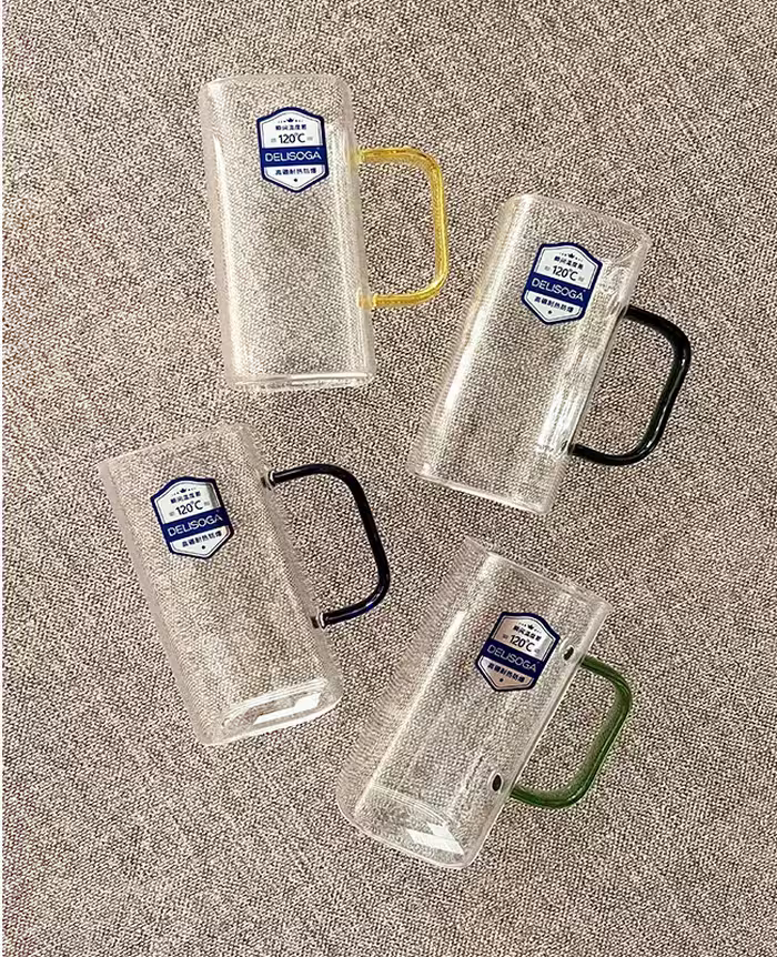 لیوان پیرکس مربع دسته رنگی دلی گلس deli glass