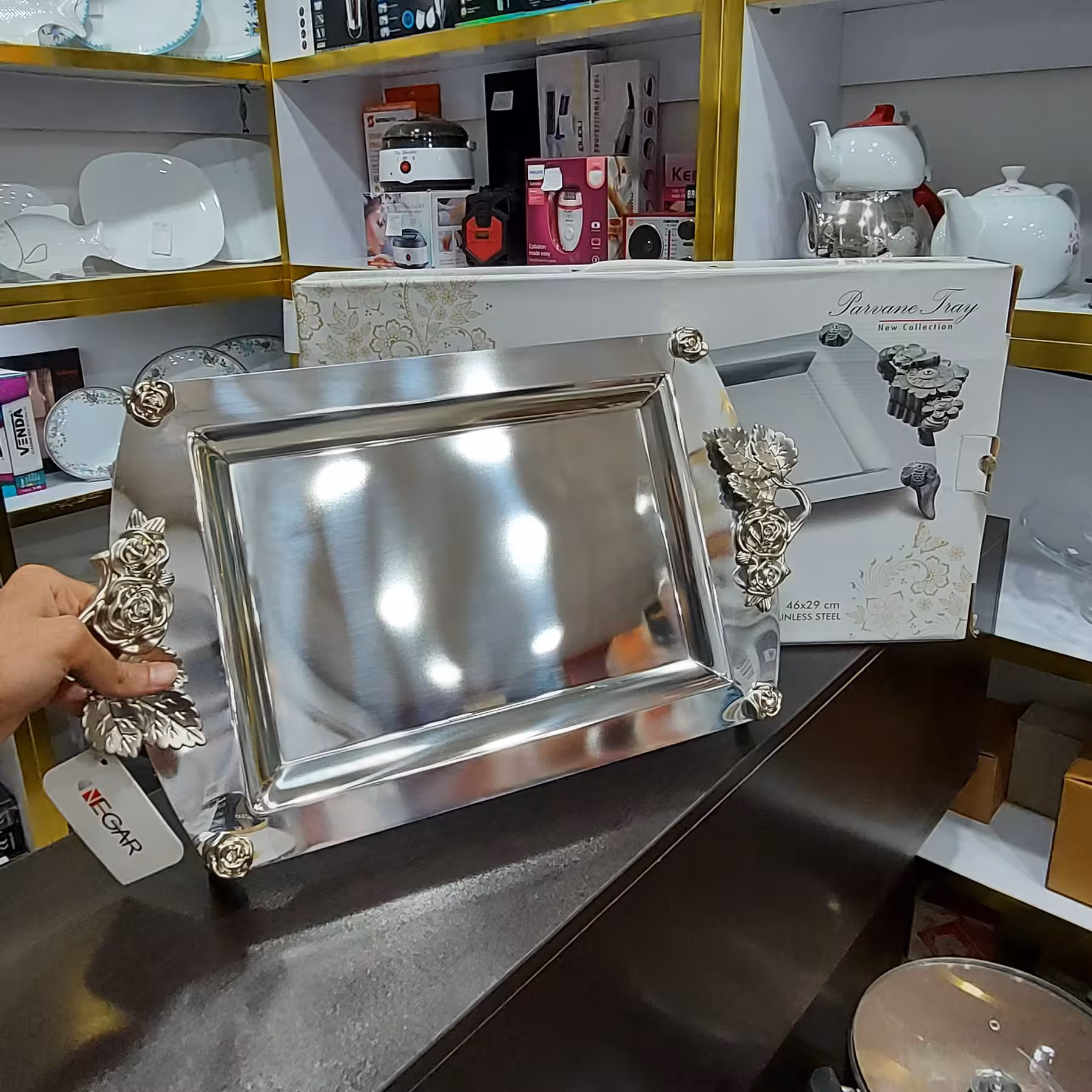 سینی استیل نگار مستطیل دسته رز ابعاد (46×29)