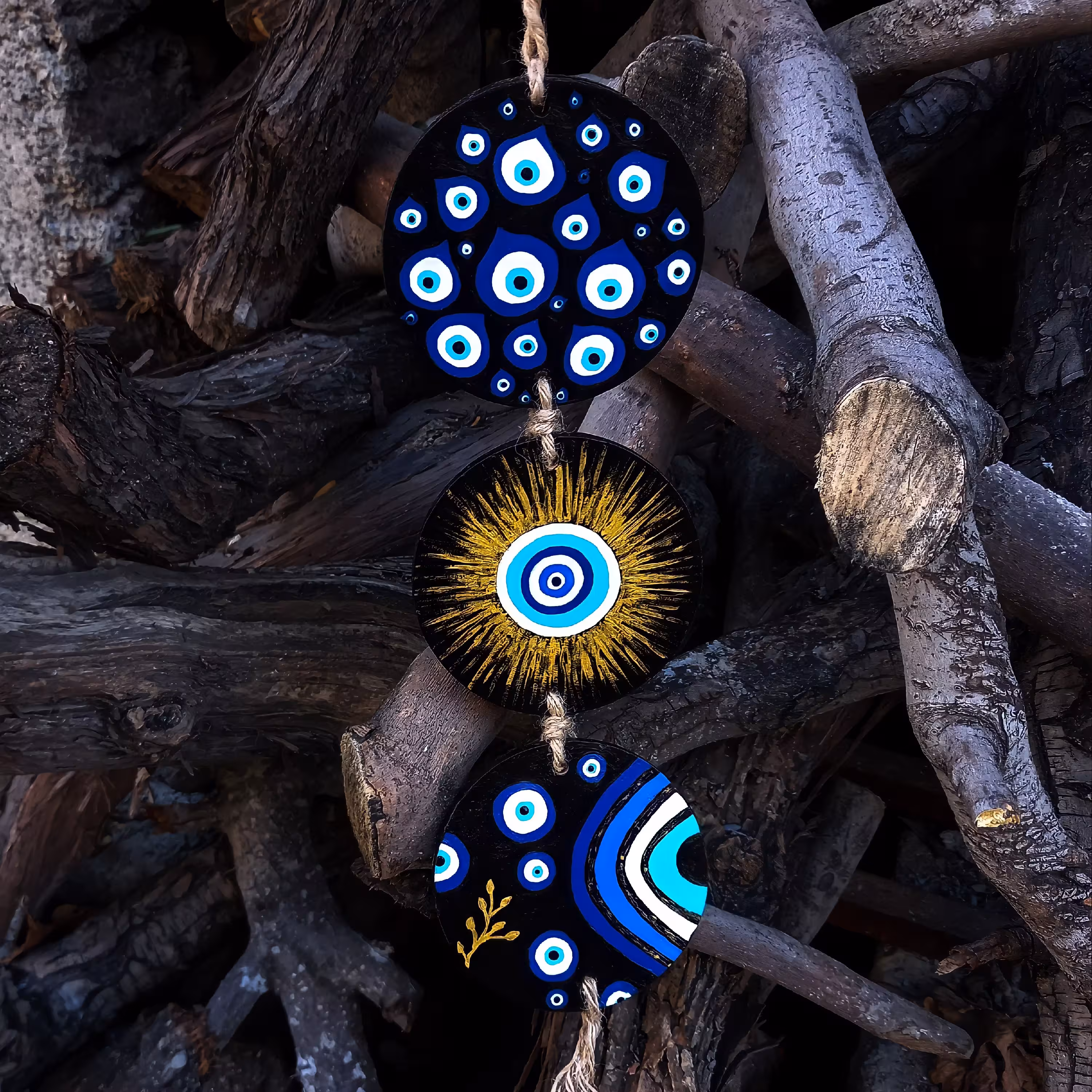 آویز سفالی سه عددی نقاشی شده چشم نظر قطر هر کاشی 10 سانتی متر