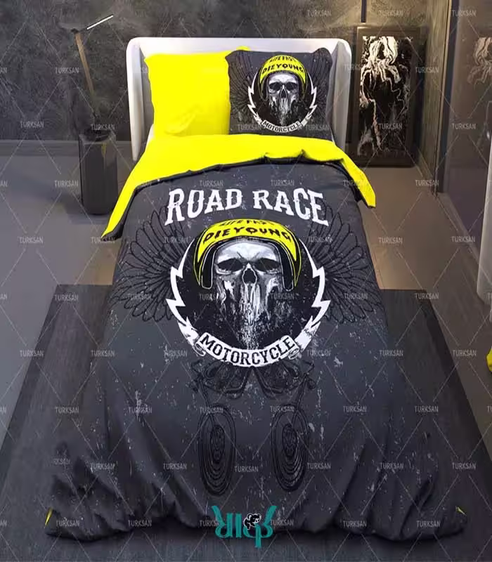 روتختی مشکی زرد یک نفره طرح road race کد d260
