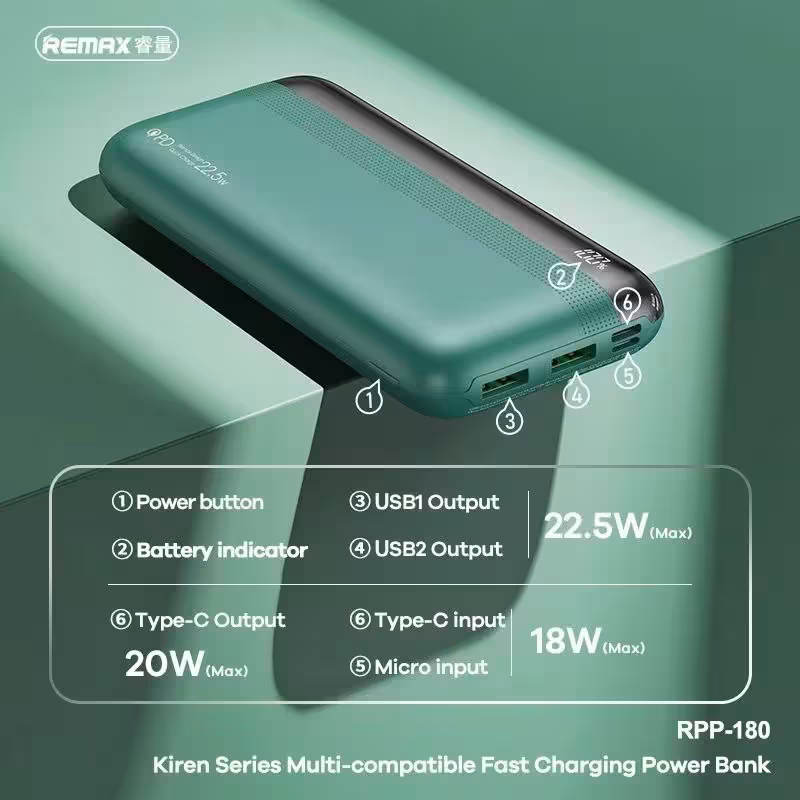 پاور بانک 20000 هزار توربو شارژ  اورجینال ریمکس مدل RPP-180