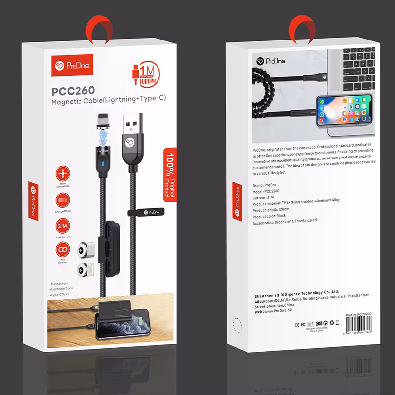 کابل تبدیل مغناطیسی USB به USB-C/لایتنینگ پرووان مدل PCC260 طول 1 متر