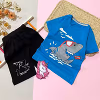 لباس کودک پوشاک بچگانه تیشرت شلوارک پسرانه ست اسپرت کوسه نخ پنبه اعلا دخترانه  ست اسپرت رنگ بندی سایز 40و45