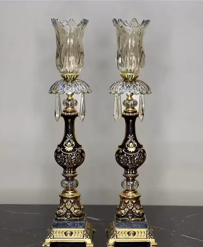 شمعدانی پایه بلند قدیمی مشکی طلایی حباب دار اویزی