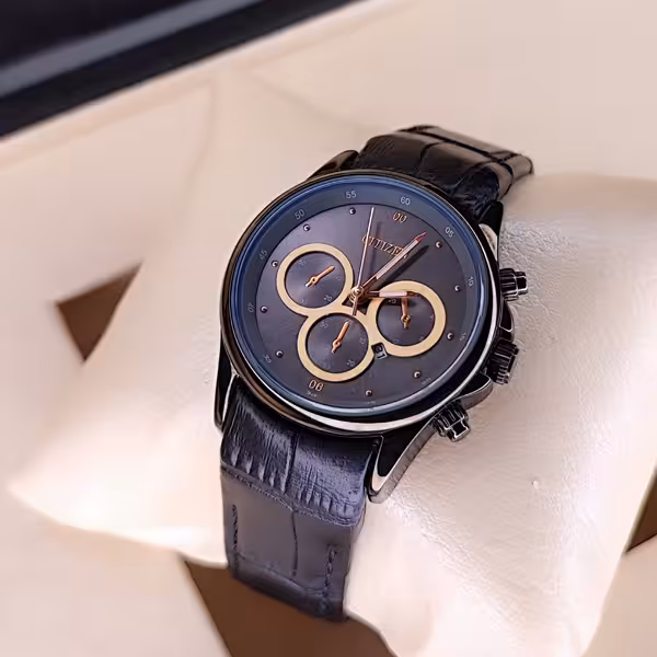 ساعت مچی زنانه مشکی بند چرم موتور ژاپن (تک موتوره)