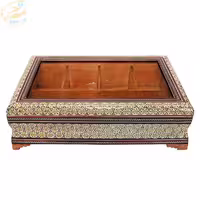 جعبه تی بگ و دمنوش خاتم کاری مدل خورشیدی درب شیشه ای