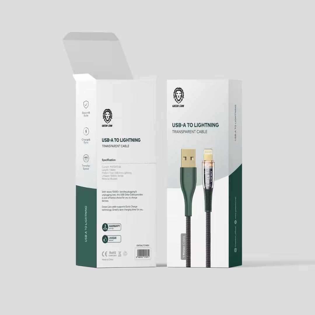 کابل usb-a  به لایتنینگ شفاف گرین Green usb-a to lightning transparent cable