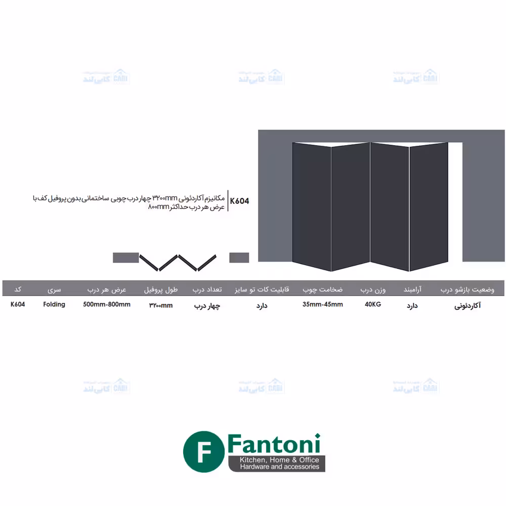 مکانیزم آکاردئونی 3200mm چهار درب چوبی ساختمانی بدون پروفیل کف با عرض هر درب حداکثر 800mm فانتونی K604