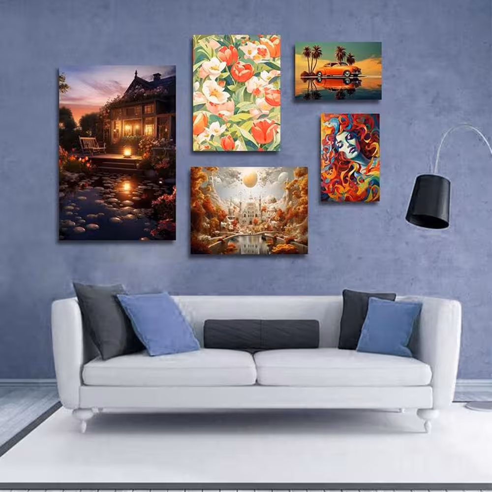 تابلو شاسی 5 تکه طرح کلبه نور و غروب خورشید کد 19287