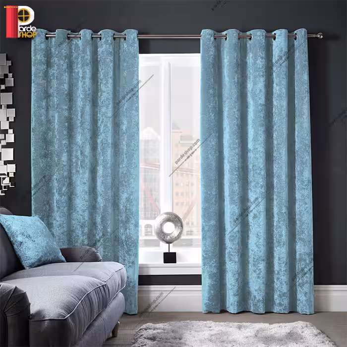 پرده مخمل پتینه پانچی آبی روشن آماده ارتفاع 280 سانتی متر