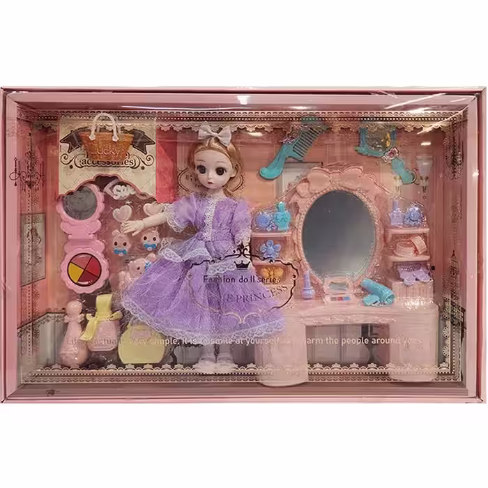 عروسک چشم تیله ای تمام مفصلی HOME PRINCESS با میز و لوازم آرایش مدل 8722