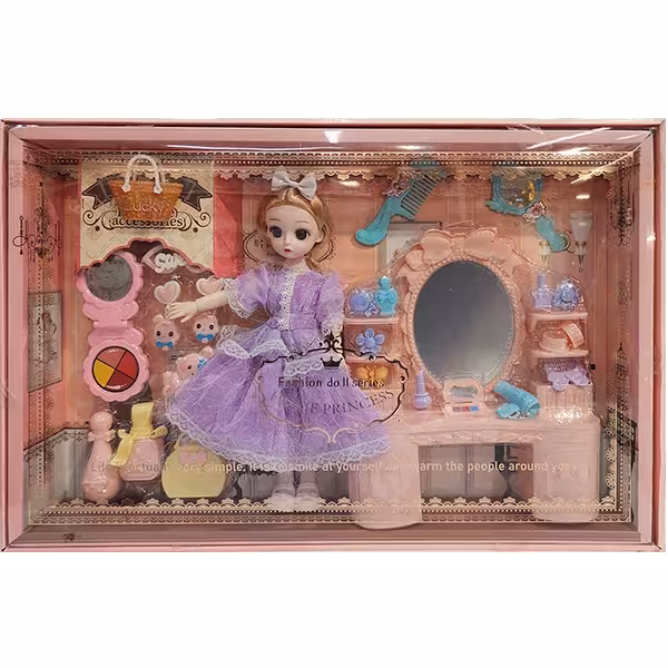 عروسک چشم تیله ای تمام مفصلی HOME PRINCESS با میز و لوازم آرایش مدل 8722
