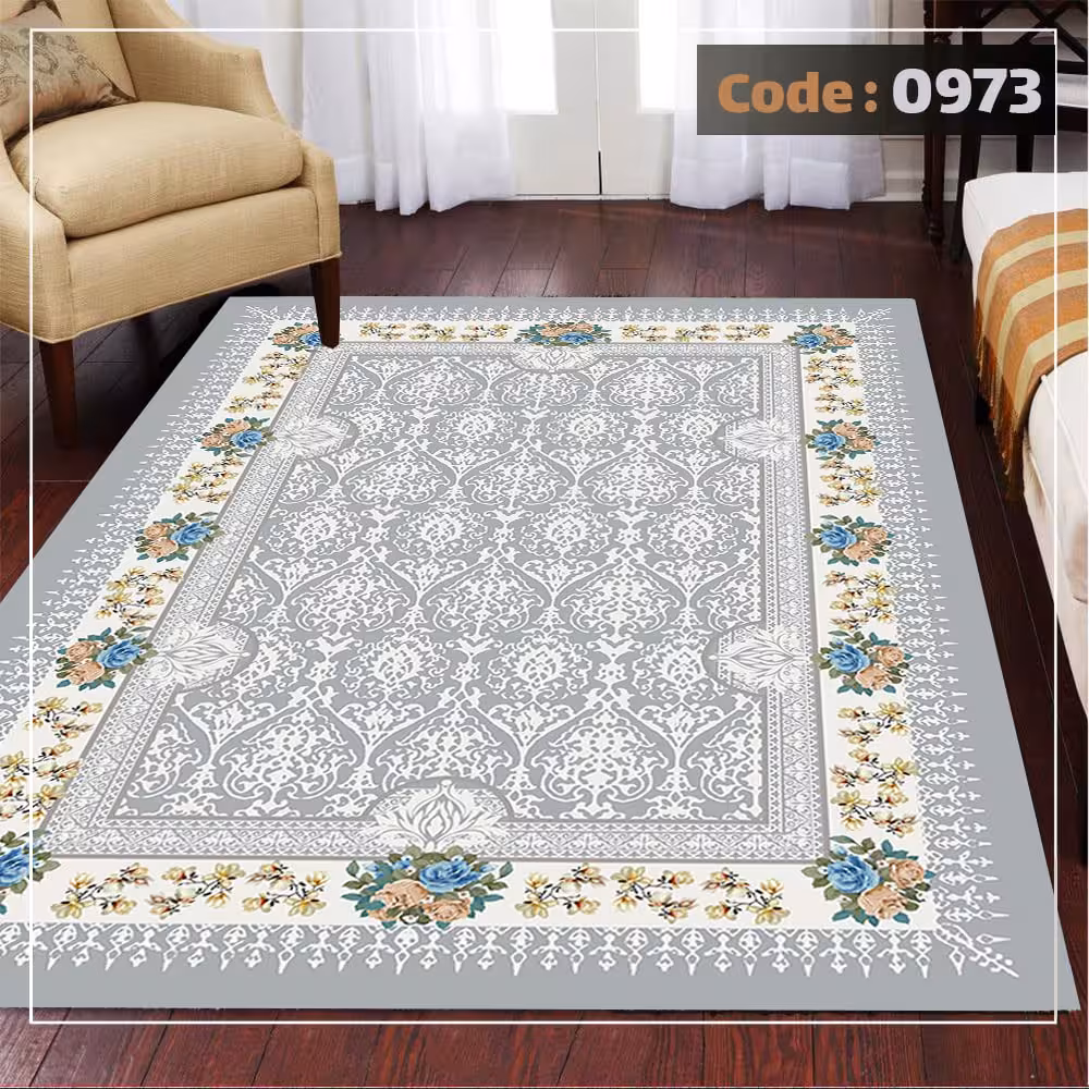 کاورفرش روفرشی دورکشدار گوشه لیفه ای طوسی کرم کد 0973