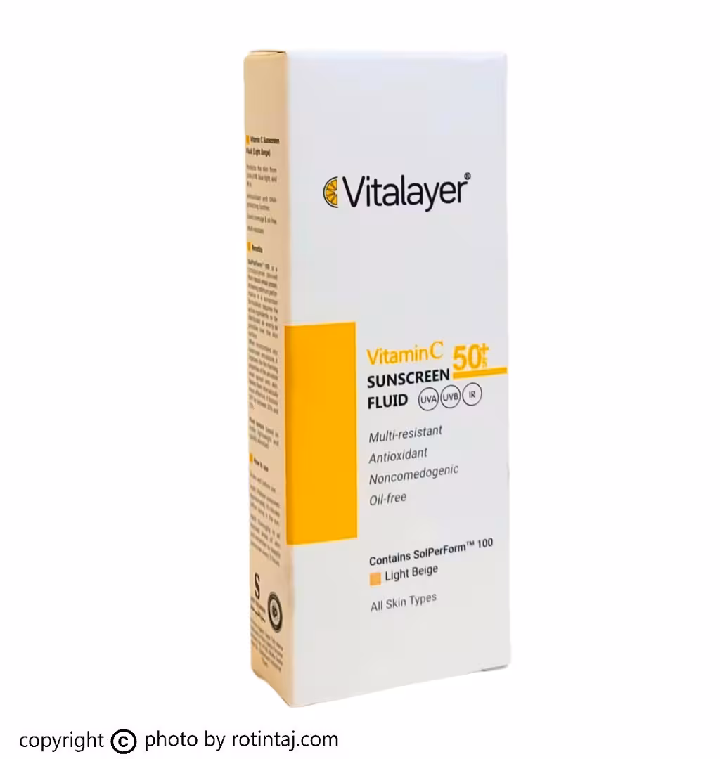 فلوئید ضد آفتاب ویتامین سی بژ روشن SPF50 ویتالیر،‌ فلوئید ضدافتاب انواع پوست بژ روشن Vitamin C ویتالیر 50 میلی