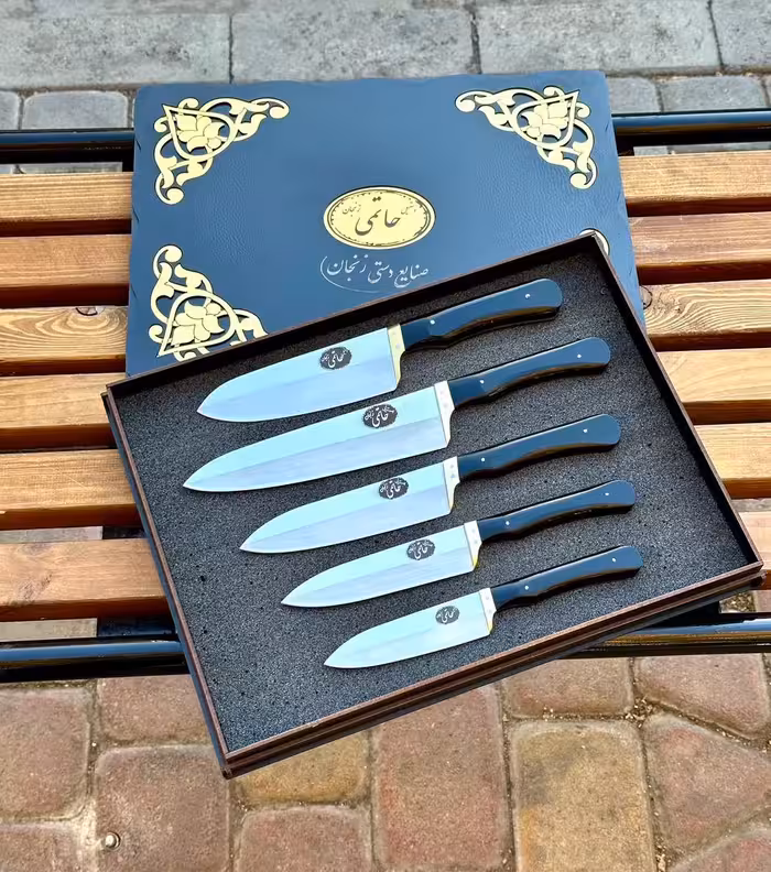 ست پنج تایی چاقو آشپزخانه حاتمی  استیل ضد زنگ دسته فیبر نسوز با جعبه