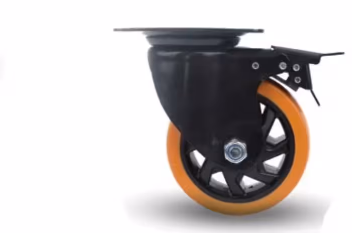 چرخ پلی آمید نارنجی پایه مشکی گردان ترمزدار قطر 100 میلی متر