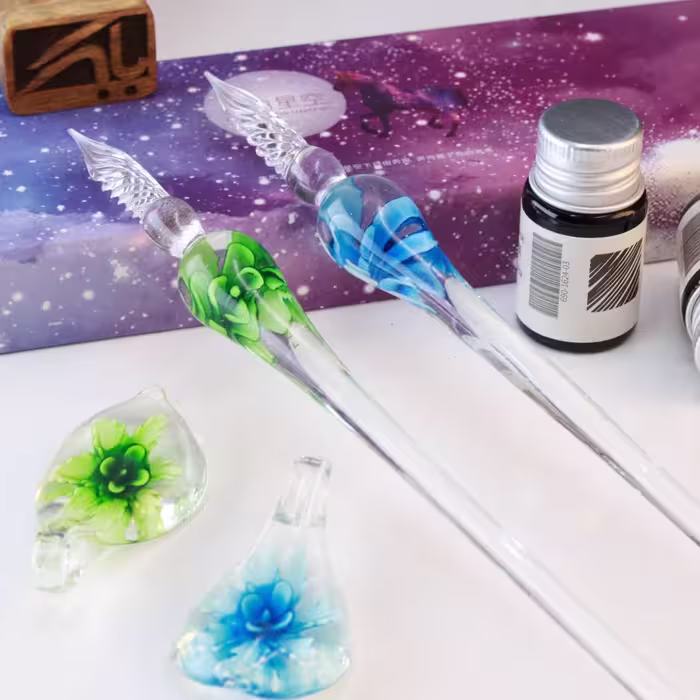 قلم شیشه ای گل دار Floral glass deep pen
