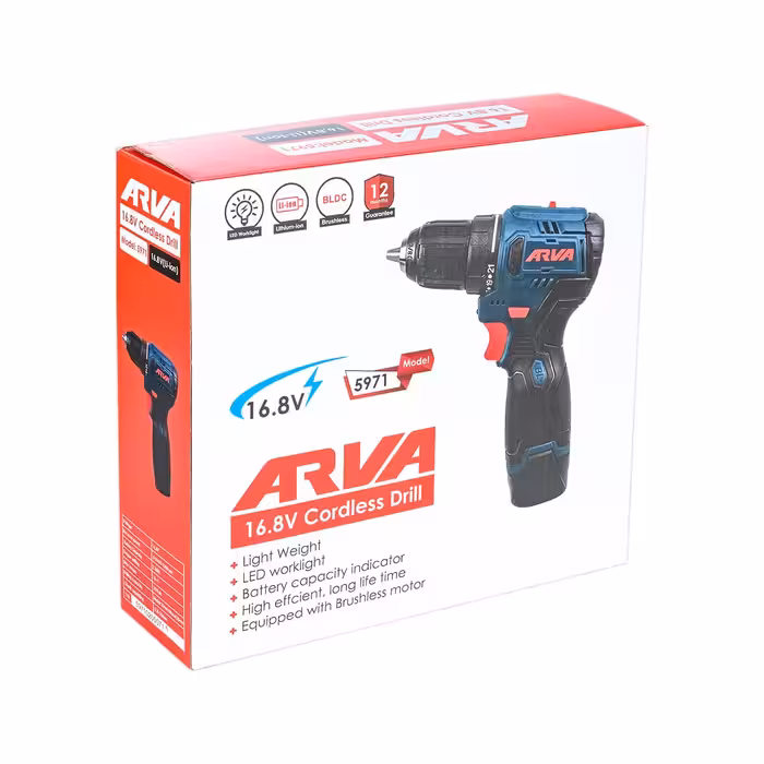دریل شارژی صنعتی آروا موتور براشلس دوباتری 16.8 ولت مدل 5971 پیچگوشتی شارژی 16/8 آروا دریل شارژی 16/5 ولت اروا مدل 5971