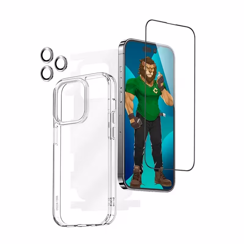 محافظ صفحه نمایش گرین مدل protection pack hd مناسب برای گوشی موبایل اپل iphone 14 pro به همراه محافظ پشت گوشی و محافظ لنز و کاور