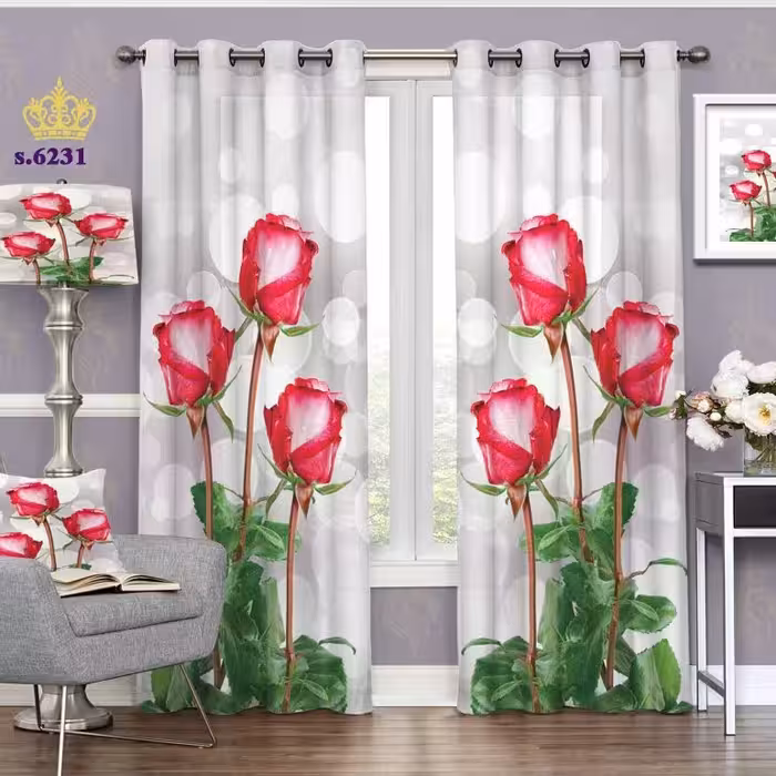 پرده پذیرایی دو قواره پانچ گلدار طرح شاخه گل های رُز کد S6231